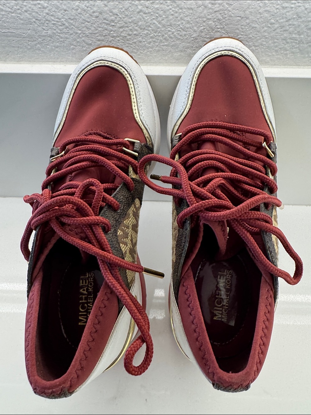 Michael Kors Burgundy and Gold Logo Lace-Up Sneakers